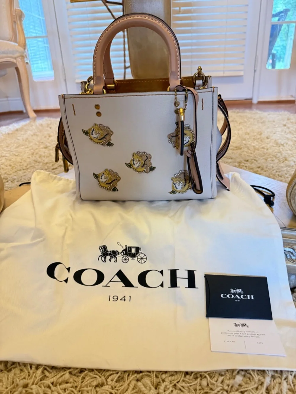 Coach Rogue 25 Tea Rose Appliqué Satchel Chalk Glovetanned Leather Rare NWOT